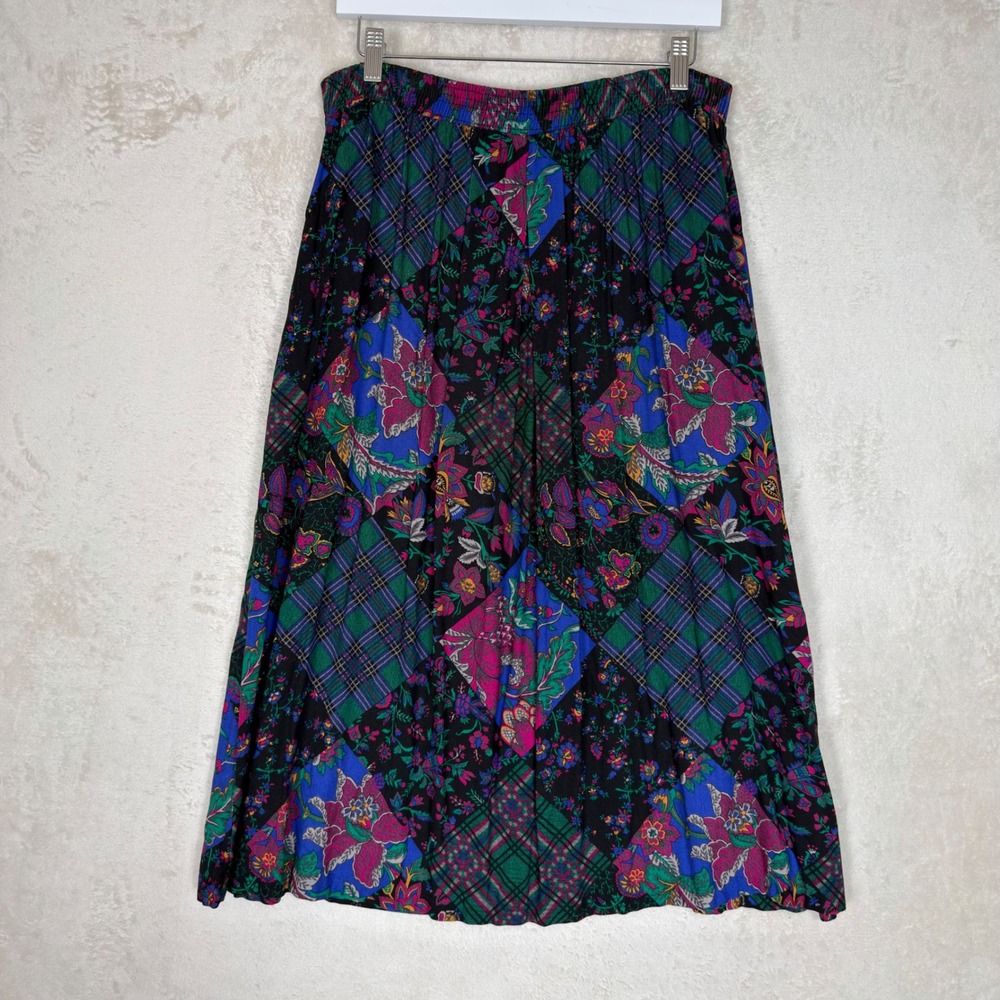 Vintage Russ Patchwork Floral Plaid Midi Skirt Pockets Made in USA Size 16 Retro
